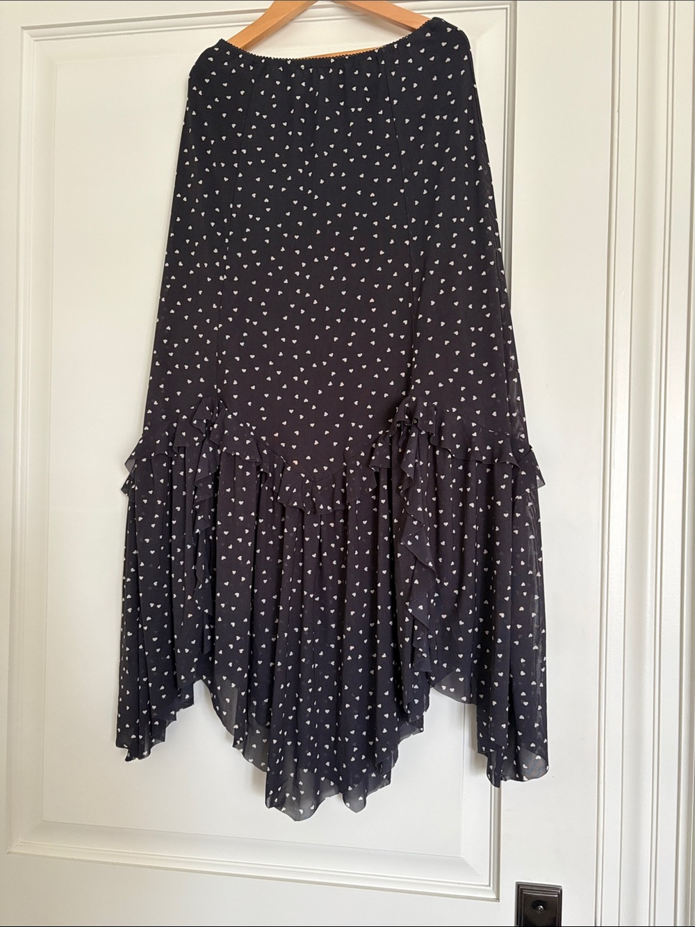 Navy Heart Print Asymmetric Ruffle Midi Skirt